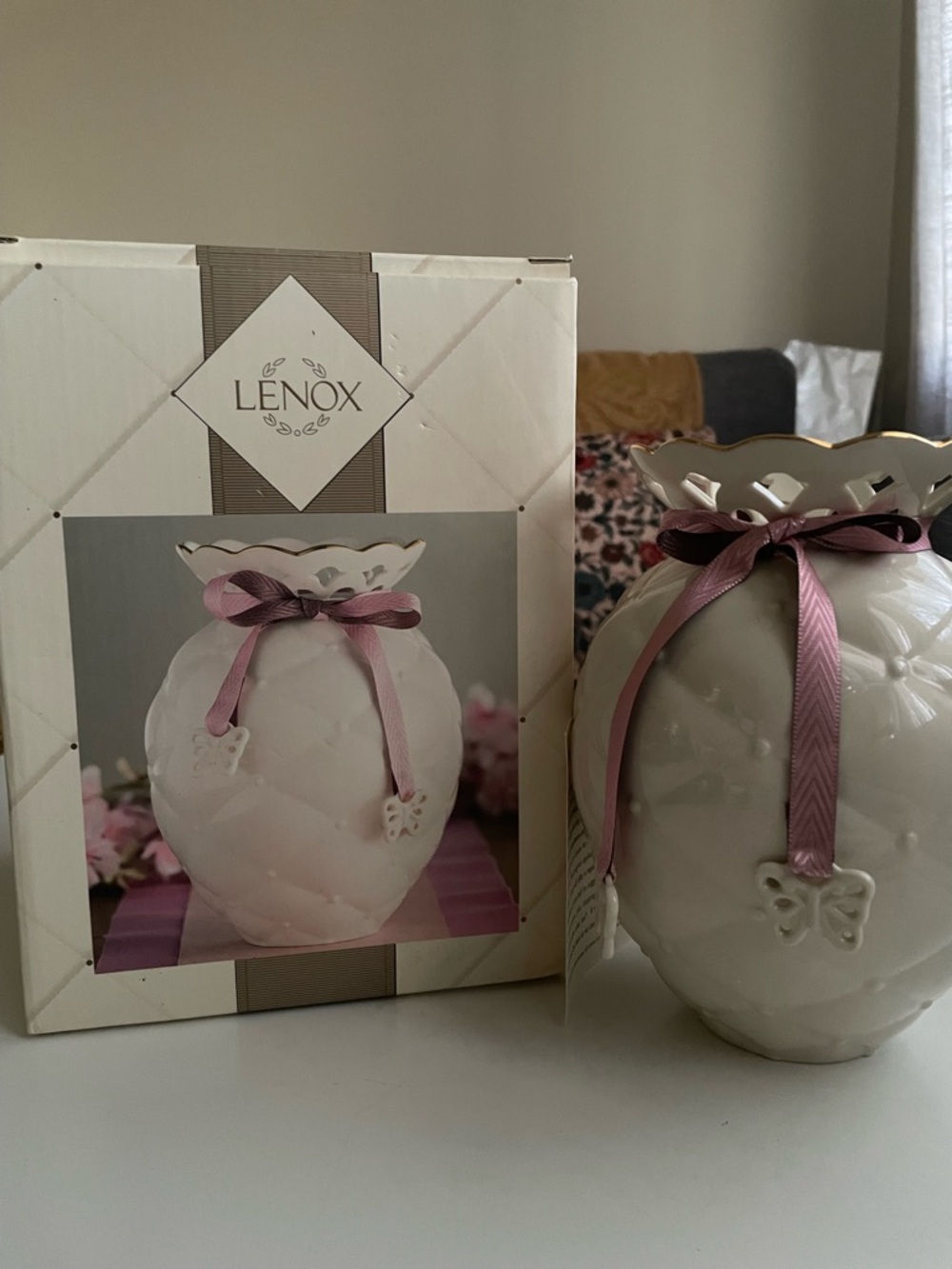 Lenox White Ceramic Vase with Mauve Ribbon and Butterfly Motif